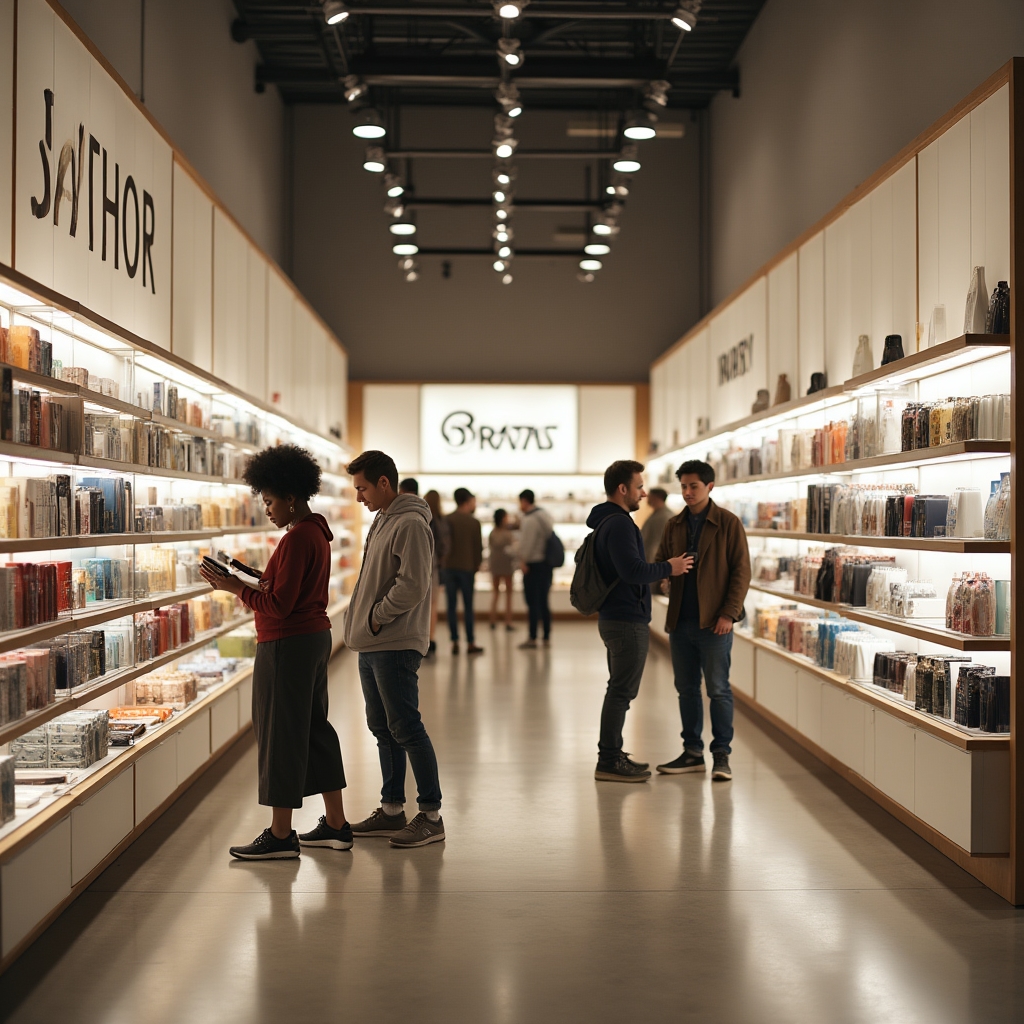 Wide shot of a busy international retail store interior with customers of diverse backgrounds browsing products, warm commercial lighting, clean modern store design